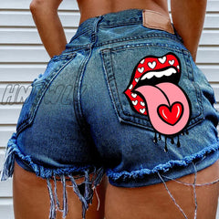 Hnewly Hot Summer Women’s Shorts Pockets Printed Pattern Big Stone Love Ripped Raw Ins Influencer