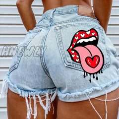 Hnewly Hot Summer Women’s Shorts Pockets Printed Pattern Big Stone Love Ripped Raw Ins Influencer