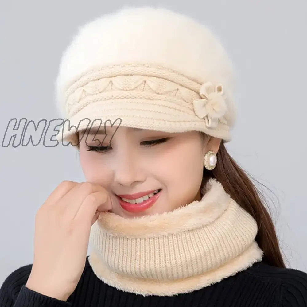 Hnewly Hot Women Winter Hat Keep Warm Cap Add Fur Lined And Scarf Set Hats For Female Casual Rabbit