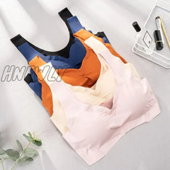 Hnewly Ice Silk Bra Seamless Vest Bras Women Push Up Underwear Sleep Top Padded Shock-Proof Thin