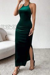 Hnewly - Ink Green Sexy Party Solid Frenulum Slit Halter Sling Dress Dresses Dresses Club