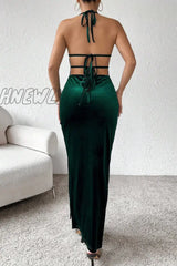 Hnewly - Ink Green Sexy Party Solid Frenulum Slit Halter Sling Dress Dresses Dresses Club