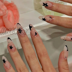 Hnewly Ins Y2K Fake Nails Almond Head Black Pentacle Star False Nail Patch Girl Women Wearable Full