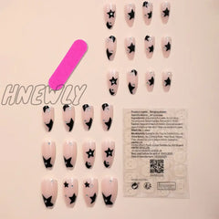 Hnewly Ins Y2K Fake Nails Almond Head Black Pentacle Star False Nail Patch Girl Women Wearable Full