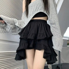 Hnewly Irregular Ruffle Mini Skirt Women Fairycore Lace Patchwork High Waist 2-Layers Boho White