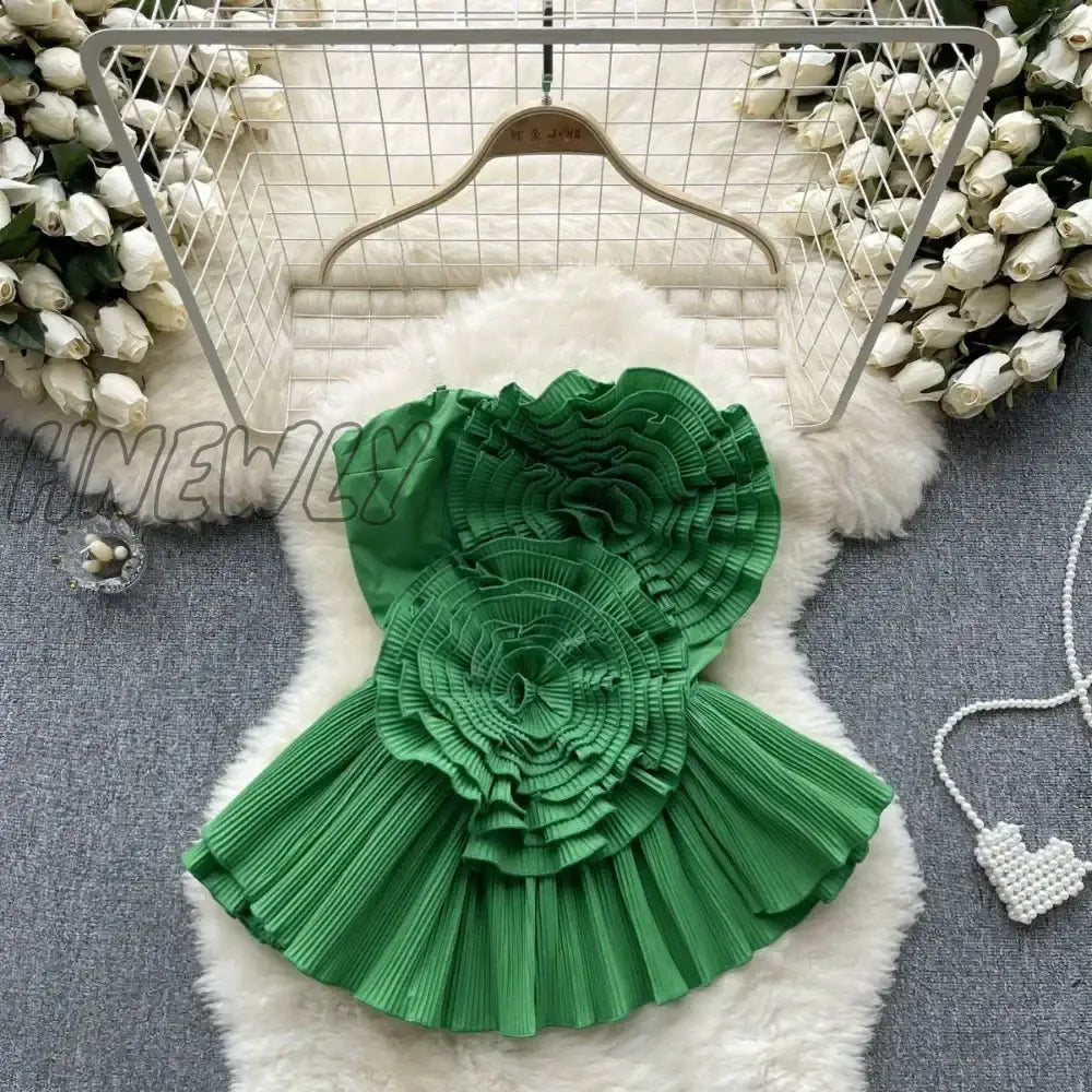 Hnewly Irregular Spaghetti Strap Tanks Camis For Women Pleated 3D Flowers Solid Colours Femme