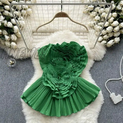 Hnewly Irregular Spaghetti Strap Tanks Camis For Women Pleated 3D Flowers Solid Colours Femme