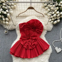 Hnewly Irregular Spaghetti Strap Tanks Camis For Women Pleated 3D Flowers Solid Colours Femme