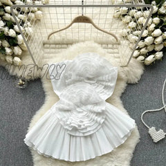 Hnewly Irregular Spaghetti Strap Tanks Camis For Women Pleated 3D Flowers Solid Colours Femme