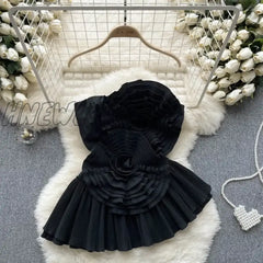 Hnewly Irregular Spaghetti Strap Tanks Camis For Women Pleated 3D Flowers Solid Colours Femme