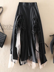 Hnewly Irregular Spliced Mesh Skirts For Women High Waist Bandage Folds Mid Length New Spring