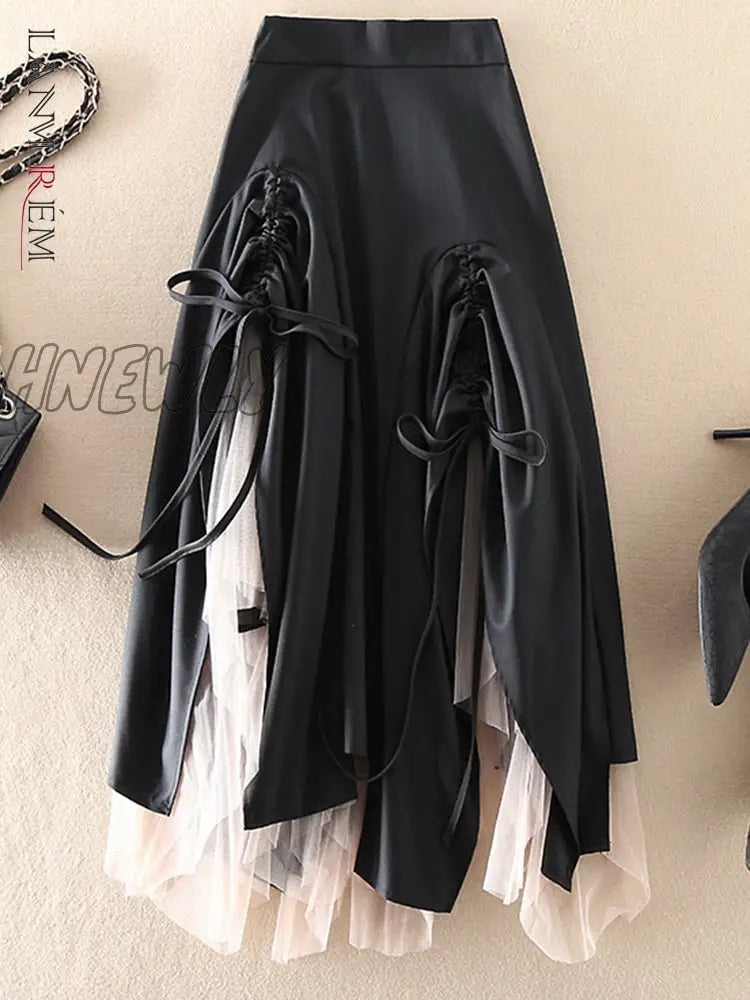 Hnewly Irregular Spliced Mesh Skirts For Women High Waist Bandage Folds Mid Length New Spring