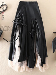 Hnewly Irregular Spliced Mesh Skirts For Women High Waist Bandage Folds Mid Length New Spring