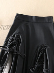 Hnewly Irregular Spliced Mesh Skirts For Women High Waist Bandage Folds Mid Length New Spring