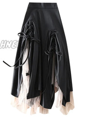 Hnewly Irregular Spliced Mesh Skirts For Women High Waist Bandage Folds Mid Length New Spring