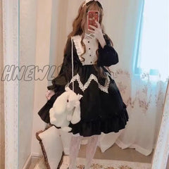Hnewly Japanese Gothic Lolita Dress Women Kawaii Bow Bear Lace Blue Long Sleeve Princess Halloween