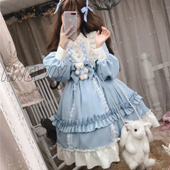 Hnewly Japanese Gothic Lolita Dress Women Kawaii Bow Bear Lace Blue Long Sleeve Princess Halloween