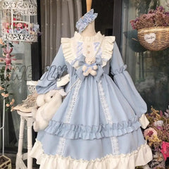 Hnewly Japanese Gothic Lolita Dress Women Kawaii Bow Bear Lace Blue Long Sleeve Princess Halloween
