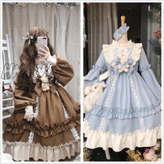 Hnewly Japanese Gothic Lolita Dress Women Kawaii Bow Bear Lace Blue Long Sleeve Princess Halloween