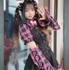 Hnewly Japanese Gothic Lolita Style Mini Party Dresses Women Harajuku Fake Two Pieces Plaid Y2K