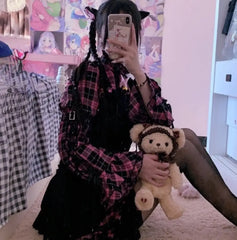 Hnewly Japanese Gothic Lolita Style Mini Party Dresses Women Harajuku Fake Two Pieces Plaid Y2K