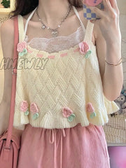 Hnewly Japanese Kawaii Chic Tank Top Women Sweet Flower Embroidery Cute Knitted Tanks Lady Preppy