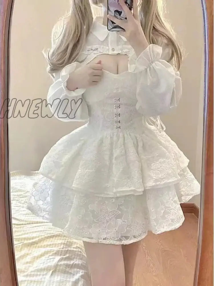 Japanese Kawaii Lolita Dress Women Elegant Sweet Lace Ruffles White Strap Dresses Sexy Korean Fashion Birthday Party Fairy Dress