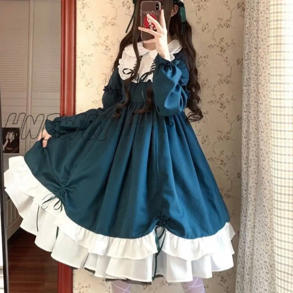 Hnewly Japanese Kawaii Peter Pan Collar Lolita Dresses Patchwork Bowknot Ruffles Sweet Women