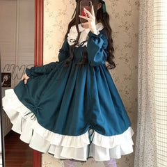 Hnewly Japanese Kawaii Peter Pan Collar Lolita Dresses Patchwork Bowknot Ruffles Sweet Women