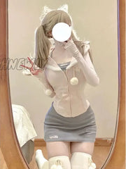 Hnewly Japanese Style Kawaii 3 Piece Set Hooded Cute Pink Coat + Casual Vest Y2K Mini Skirt Sweet