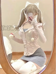 Hnewly Japanese Style Kawaii 3 Piece Set Hooded Cute Pink Coat + Casual Vest Y2K Mini Skirt Sweet