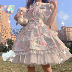 Hnewly Japanese Sweet Kawaii Jsk Lolita Dress Women Vintage Victorian Gothic Cartoon Sleeveless Bow