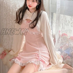 Hnewly Japanese Sweet Lolita Dress Lace Women Bow Pink Kawaii Party Mini Dresses Female Blue