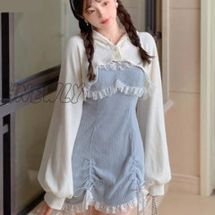 Hnewly Japanese Sweet Lolita Dress Lace Women Bow Pink Kawaii Party Mini Dresses Female Blue