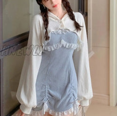 Hnewly Japanese Sweet Lolita Dress Lace Women Bow Pink Kawaii Party Mini Dresses Female Blue
