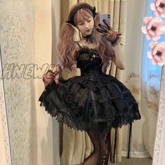Hnewly Japanese Victorian Gothic Lolita Dress Vintage Girl Sweet Lace Rose Elegant Princess Holiday