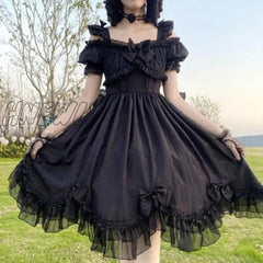 Hnewly Japanese Victorian Vintage Lolita Dress Women Cute Bow Sexy Backless Evening Party Dresses