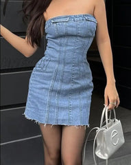 Hnewly Jeans Dress Women Slim Elegant Evening Stitching Denim Dresses Y2K Straight High Waist