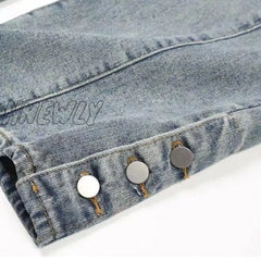 Hnewly Jeans For Men And Women Vintage Embroidered Baggy Pocket Button Split Denim Pants Blue