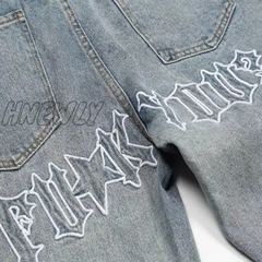 Hnewly Jeans For Men And Women Vintage Embroidered Baggy Pocket Button Split Denim Pants Blue