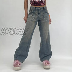 Hnewly Jeans For Women High-Waisted Straight Casual Pants Irregular Pocket Cargo Mopping Women’s