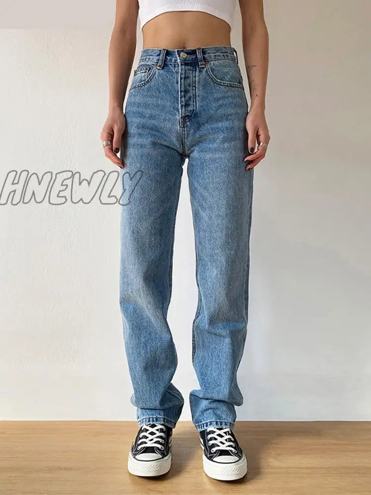Hnewly Jeans Straight Pants Washed Loose High Waist Plus Size Women Casual Boyfriends Cowboy