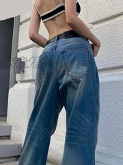 Hnewly Jeans Women Vintage Summer Y2K Baggy Straight Trumpet Denim Trousers High Waist Horn Pants