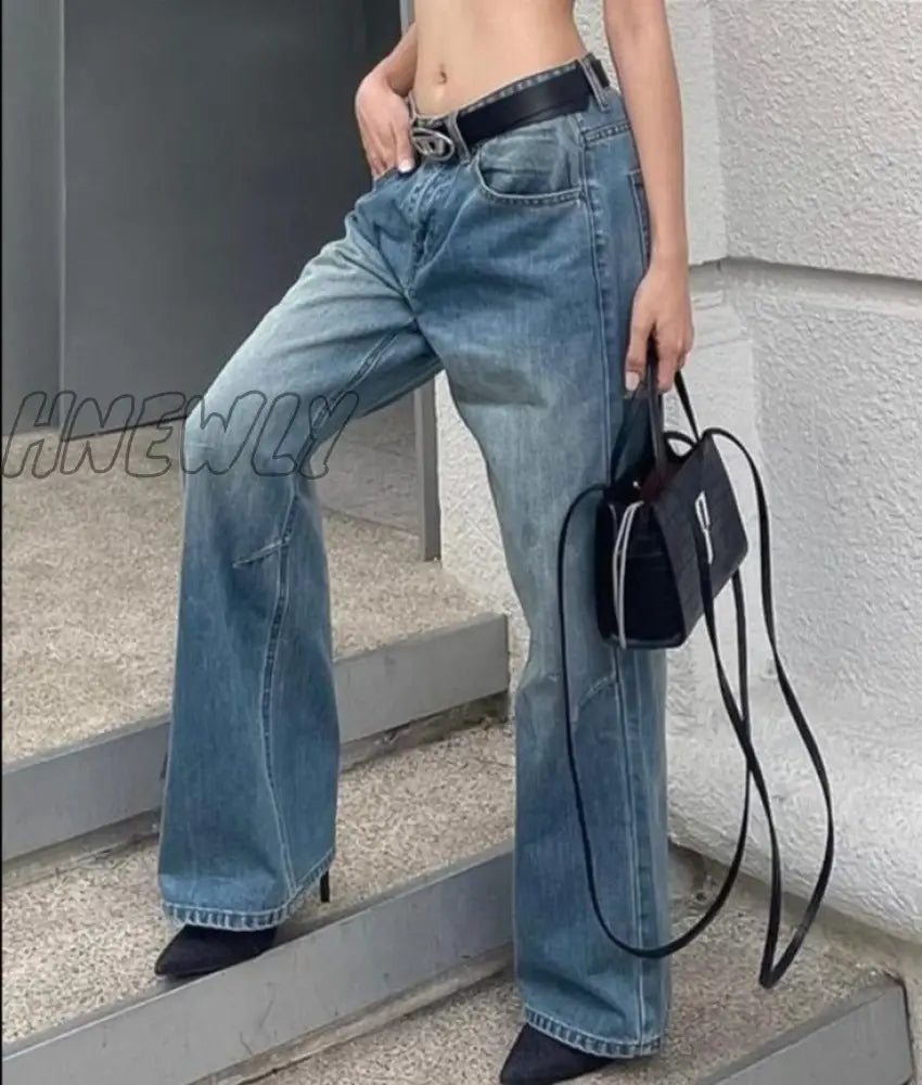 Hnewly Jeans Women Vintage Summer Y2K Baggy Straight Trumpet Denim Trousers High Waist Horn Pants