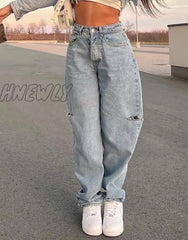 Hnewly Jeans Women’s Summer Y2K Baggy Straight Hole Denim Trousers High Waist Ripped Pants