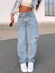 Hnewly Jeans Women’s Summer Y2K Baggy Straight Hole Denim Trousers High Waist Ripped Pants