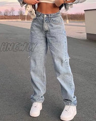 Hnewly Jeans Women’s Summer Y2K Baggy Straight Hole Denim Trousers High Waist Ripped Pants