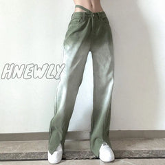 Hnewly Jeans Women’s Wild New 2024 Y2K Gradual Change Pants Split Personalized Design High Waist