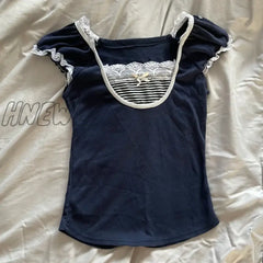 Hnewly Kawaii Bow Lace Trim T-Shirt Vintage Striped Patchwork Slim Fit Crop Top Y2K Aesthetic Fairy