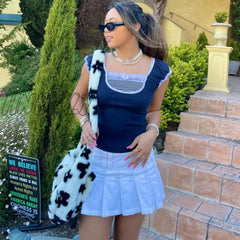 Hnewly Kawaii Bow Lace Trim T-Shirt Vintage Striped Patchwork Slim Fit Crop Top Y2K Aesthetic Fairy